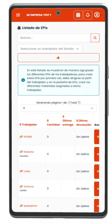 Listado de EPIs entregados a un trabajador en la app de OVE, vista de movil