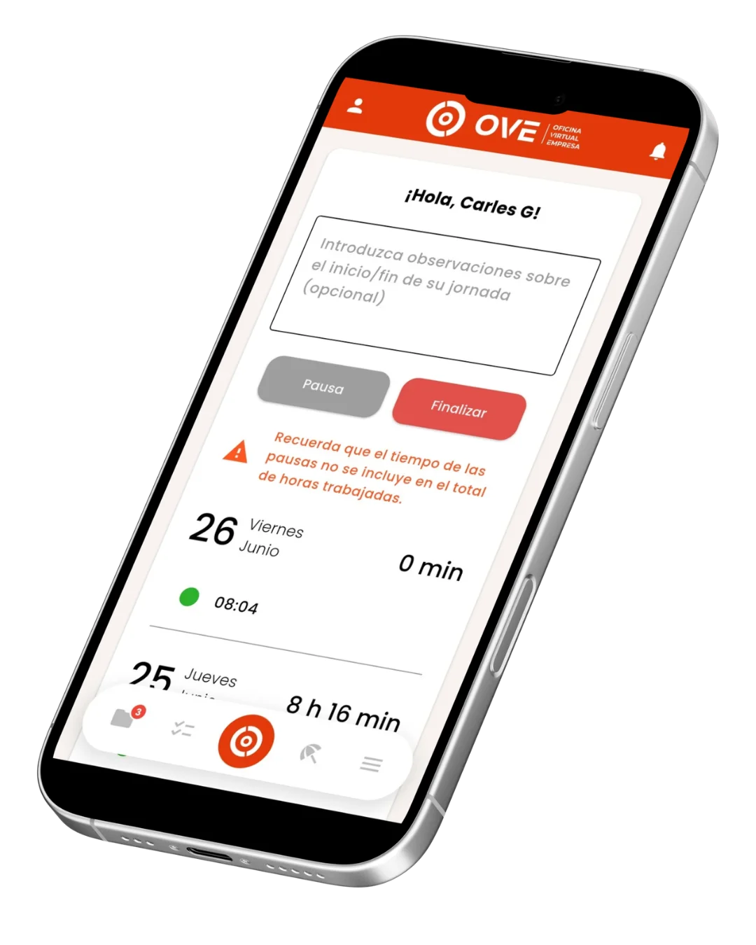 Pantalla de fichaje de la app de OVE